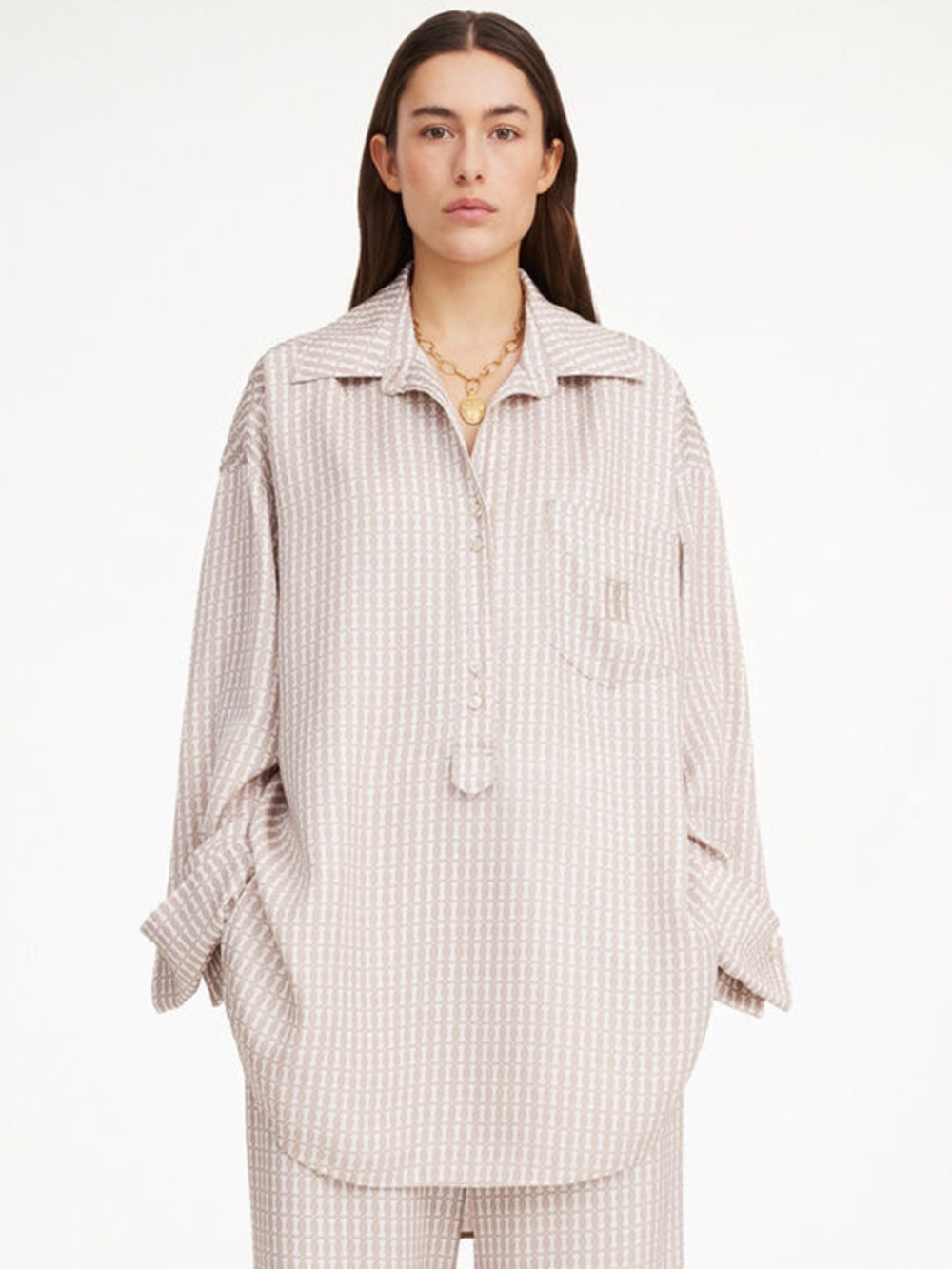 Brand New By Malene Birger Maye Monogram Beige Button-Front Tunic Shirt - Picture 2 of 10